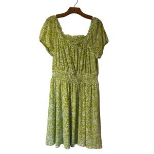 Ember Green & White‎ floral mini dress  Boho/ Cottage Core Elastic Waist Size XL